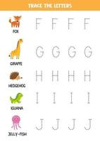 Tracing letters of English alphabet with animals. Writing practice. vector