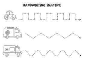 Tracing lines with black and white transport. Writing practice. vector