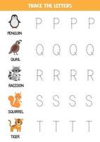 Tracing letters of English alphabet with animals. Writing practice. vector