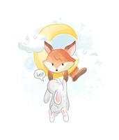 Little Fox Helping Rabbit Climb to the Moon Illustration vector