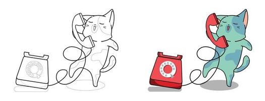 Adorable gato y teléfono página para colorear de dibujos animados para niños vector