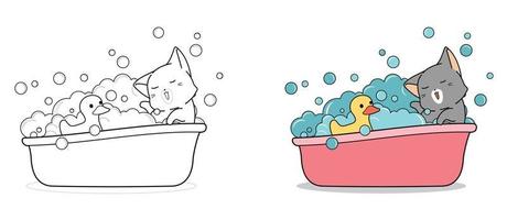 adorable gato se está bañando con la página para colorear de dibujos animados de patito para niños