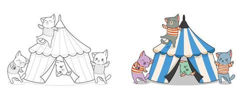 Adorables gatos con dibujos animados de circo para colorear página para niños vector