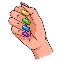 Female hand with a completed manicure. Painted nails. vector