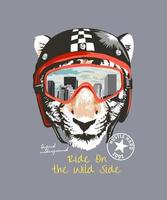 Lema de tipografía con cabeza de tigre en casco de motociclista e ilustración de gafas vector