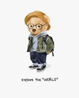 explore the world slogan with bear toy and backpack illustration vector