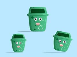 cute cartoon character  trashcan, recycle bin flat design set vector