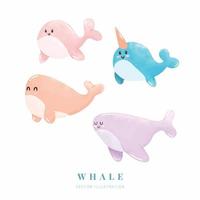 Watercolor illustration with cute cartoon whale set. Digital paint. Vector illustration.