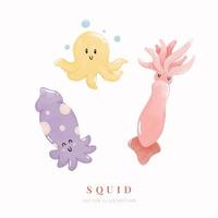 Watercolor squid set. Cute cartoon animals. Digital paint. Vector illustration.