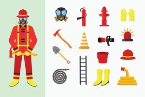 Fireman and equipment object vector illustration