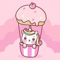 lindo vector de unicornio en dulce cupcake globo cielo pastel con nube pony dibujos animados kawaii animales fondo