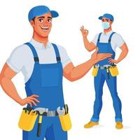 Handyman in bib overalls and tool belt presenting and showing OK vector illustration