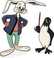 dibujos animados de conejo y pingüino están hablando vector