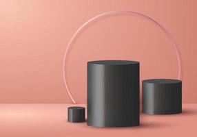 3D realistic empty minimal black cylinder shape beige color studio room background vector
