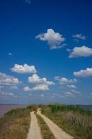 Landscape of a dirt road in a field next to Lake Sasyk-Sivash with a cloudy blue sky photo