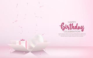 3d happy birthday background with gift box, confetti and balloon. vector