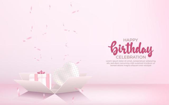 3d happy birthday background with gift box, confetti and balloon.
