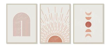 Impresión de arte minimalista moderno de mediados de siglo con forma natural orgánica. Fondo estético contemporáneo abstracto con fases lunares geométricas, sol, arco iris. decoración de pared boho. vector