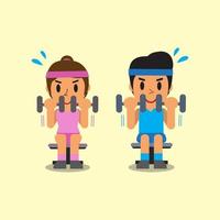 Cartoon man and woman doing dumbbell curl exercise vector