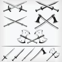 silueta, medieval, arma, cruzado, espada, hacha, plantilla, vector, dibujo, conjunto vector
