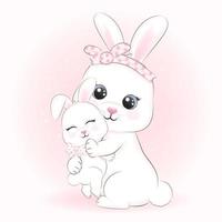 Cute Little rabbit and mom animal watercolor illustration vector