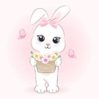 Bunny and flowers in basket with butterflies vector