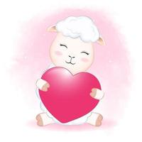 Cute Little Sheep and heart hand drawn illustration vector