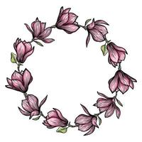 Wreath, round frame of magnolia flowers, blooming flowers silhouette. Spring, floral design for cards, invitations, packaging