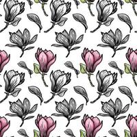 Pattern seamless with black magnolia outline. Spring flower hand drawn vector illustration. Black and white with line art on white backgrounds