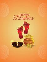 Shubh dhanteras celebration poster with creative gold coin pot and footprint of goddess laxami vector