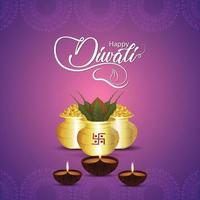 Fondo de celebración feliz diwali con kalash dorado creativo y moneda de oro vector
