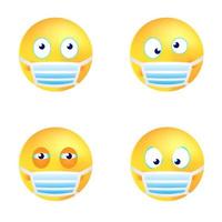 Set of four emoticons in medical masks. Vector isolated on white background.