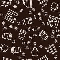 Seamless pattern with coffee icons. Six outline items on brown background. vector