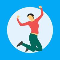 Woman jumping with happiness, winner gesture, cartoon character, flat style illustration, vector isolated. The joy of achieving the goal, happiness, love, luck, positive emotions.