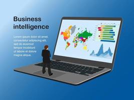 Vector illustration of business intelligence. A man on a large laptop looking at a map, graphs and charts. There is a pattern of text. Isometry. Cartoon style.