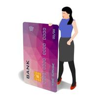 mujer con una gran tarjeta de crédito. vector clip-art isométrico en estilo de dibujos animados. buena ilustración para cualquier proyecto financiero. banco abstracto, sistema de pago abstracto.