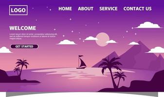 Landing page with purple background and boat on full moon night vector