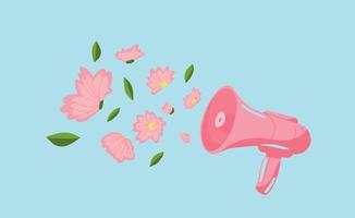 Megaphone announces spring. Speaker with flowers. Spring vibes. Sommer or spring concept idea. Sommer Print. vector