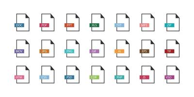 File type icons. Format and extension of documents. Set of pdf, doc, excel,  png, jpg, psd, gif, csv, xls, ppt, html, txt and others. Icons for download  on computer. Graphic templates for