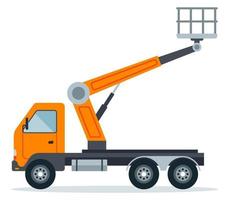 Crane hoist on a truck for work at height. Special construction high-rise equipment. Flat vector illustration isolated on white background.