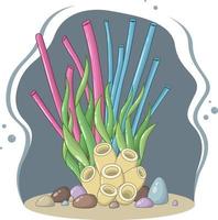 Vector composition of tubular algae, yellow corals, green sea foliage and stones on a dark background