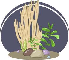 Vector composition of large yellow corals, sea foliage, algae and stones on a dark blue oval background