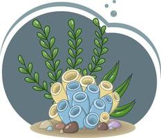Vector composition of blue and yellow corals, sea foliage, algae and stones on a dark blue background