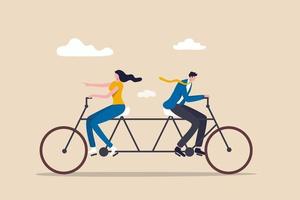 Business conflict, controversy or disagreement causing problem and failure concept, businessman and businesswoman colleagues trying hard riding bicycle in opposite direction. vector