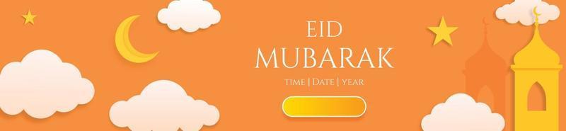 Banner horizontal 3d eid mubarak o plantilla de encabezado con nubes de luna y estrellas vector