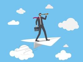 Businessman flying on paper plane with telescope vector