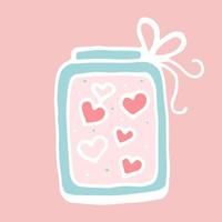 Glass magic jar with hearts, Cute bottle symbol for lovers, Magic container with love and passion, C ticker for lovers, Hand draw, Doodle style. vector