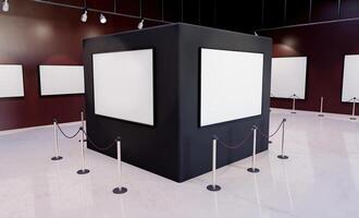 Museum column with mockups of frames with illuminating spotlights photo