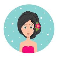 Young woman avatar with long hair folded in an elegant evening hairstyle and big green eyes, flower in her hair, vector illustration in flat style.