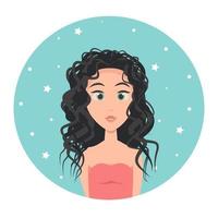 Avatar de mujer joven con cabello largo y grandes ojos verdes, ilustración vectorial de estilo plano. vector